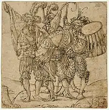 Anonyme, anciennes attribution à Aldegrever et Beham, Quatre lansquenets (début du XVIe&nbsp;siècle).