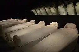 Black and white image of a dark stone coffin viewed laterally, the coffin lies on the ground, the trough and lid are separated with wedges.