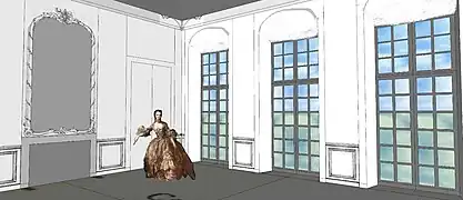 Schéma de l'antichambre commune du premier étage, disposant de la vue sur la Seine, avec repositionnement du trumeau originel surmontant la cheminée. 1750.