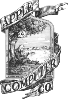 Le premier logo d'Apple Computer & Co avec Isaac Newton sous un pommier (dessiné par Ronald Wayne).