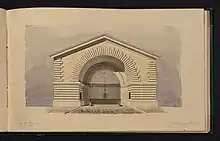 Aquarelle du bureau central de vérification de l'octroi de Paris par Prosper Morey, avril 1830. En bas à gauche, "par M. Lusson archi 1826".