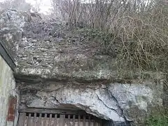 Vue d'une maçonnerie linéaire insérée à flanc de coteau au-dessus d'une cave.