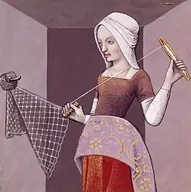 Arachné faisant un filet, miniature de Robinet Testard tirée d'un manuscrit du De mulieribus claris de Boccace, vers 1488-1496, Paris, BnF, département des manuscrits, Ms. Français 599, fo 17 vo.