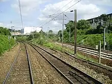 Séparation au nord de la gare d'Argenteuil, entre, à gauche, la ligne vers Mantes-Station (groupe VI) et, à droite, celle vers Ermont - Eaubonne (groupe IV).
