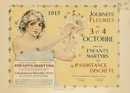 Armand Rassenfosse - Journées fleuries des 3 et 4 octobre 1915 pour les Enfants Martyrs et l'Assistance Discrète, 1915 (Lithographie en couleurs ; 32&nbsp;×&nbsp;44&nbsp;cm), Liège, Musée de la Vie wallonne