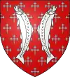 Blason avec 2 poissons blancs adossés debout sur fond rouge parsemé de croix blanches