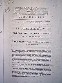 Arrêté consulaire sur le rétablissement de l'esclavage. Circulaire du préfet colonial de la Guadeloupe du 27 messidor an X (16 juillet 1802).