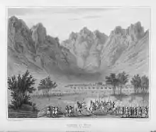 Arrivée de l'expédition Denham à Mora. À l'arrière-plan, le massif et la montagne de Mora (1826)