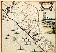 Carte de Pernambouc Sud datant d'entre 1630 et 1654. Atlas van der Hagen&nbsp;(nl), Bibliothèque royale (Pays-Bas).