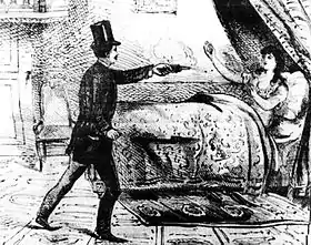 Attentat commis par Vandersmissen sur son épouse Alice Renaud (gravure anonyme qui circulait à l'époque).