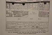 Plan avec la muraille et les parcelles des maisons individuelles dont certaines sont munies de pointillés