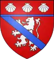 Blason d'Étienne Aubertde gueules, au lion d'argent ; à la bande d'azur brochant sur le tout ; au chef du champ, soutenu par une divise d'azur, chargé de trois coquilles d'argent