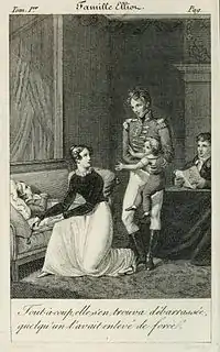 Anne à genoux auprès d'un enfant blessé, regarde celui qui vient de la débarrasser de l'enfant qui la gênait.