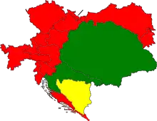 Option à trois entités : Autriche (rouge), Hongrie (vert) et Bosnie-Herzégovine (jaune).