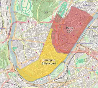 Répartition du territoire communal d'Auteuil rattaché à Boulogne-Billancourt et Paris (en rouge).