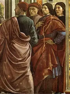 Chapelle Tornabuoni, Expulsion de Joachim (détail), de gauche David Ghirlandaio, Tommaso Bigordi (ou Alesso Baldovinetti), Domenico Ghirlandaio et Sebastiano Mainardi.