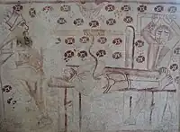 Fresque du XVe&nbsp;siècle montrant les tortures de saint Elme (entrailles enroulées autour d'un treuil), église Sainte-Marie de Båstad, Suède.