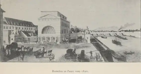 La barrière en 1820. À gauche, le cloître de l’ancien couvent des Minimes.