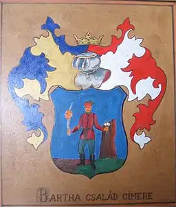 Armoiries de la famille Bartha ; figuratives : tête de Turc empalée sur un sabre; fond azur, trimont sinople, lambrequins bicolores. Fin du XVe - début du XVIIe&nbsp;siècle.