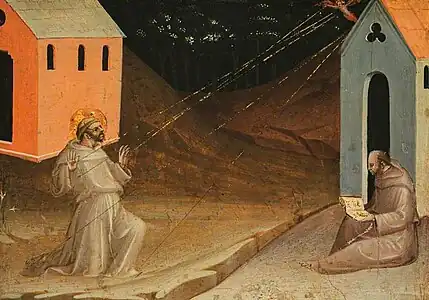 Saint François recevant les stigmates, frère Léon est assis à droite, peinture de Battista di Biagio Sanguigni.