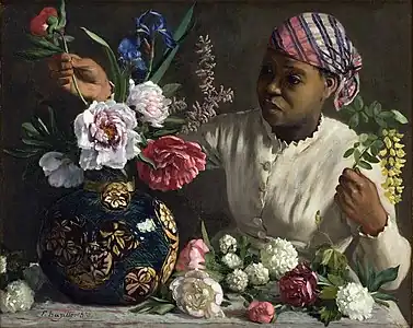 Jeune femme aux pivoines (1870), huile sur toile (60,3&nbsp;×&nbsp;75,2&nbsp;cm), Montpellier, musée Fabre.