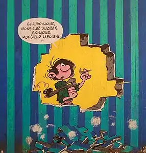 Peinture murale de Gaston Lagaffe, rue des Wallons à Louvain-la-Neuve en Belgique.