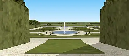 Restitution de la vue depuis le deuxième belvédère du jardin du château de Villennes, début XVIIIe.