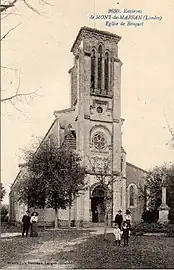 Photo ancienne de l'église de Benquet. Le cimetière se situe à l'arrière.