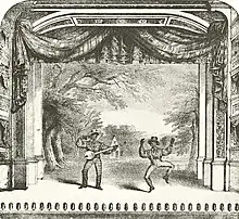 Dessin en noir et blanc représentant la scène d'un théâtre sur laquelle deux hommes noirs se trouvent, l'un jouant du banjo, l'autre en train de danser.