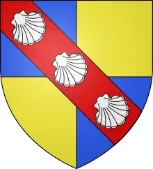 Blason écartelé d'or et d'azur, à bande de gueules aux trois coquilles d'argent