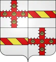 Fond argent divisé en quatre carrés. Les carrés 1 et 4 ont une croix rouge dentelée portant cinq coquilles d'or. Les carrés 2 et 3 ont une bande horizontale striée d'or et de rouge.