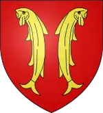 Blason avec 2 poissons jaunes adossés debout sur fond rouge