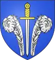 Vue d'un blason bleu portant deux plumes argentées et une épée argentée à poignée dorée.