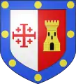 Blason de PouquevilleLa croix latine a été remplacée par la croix de Jérusalem à la suite de l'élévation de H-A Boulard de Pouqueville à la dignité de Chevalier de l'Ordre du Saint-Sépulcre[réf.&nbsp;nécessaire]