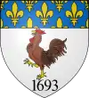 D'argent au coq hardi au naturel, soutenu de la date 1693 de sable, au chef d'azur semé de fleurs de lys d'or.
