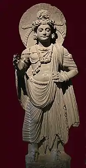 Bodhisattva, art du Gandhâra, Ier – IIIe&nbsp;siècle Empire kouchan. Schiste H : 120&nbsp;cm. Pakistan.