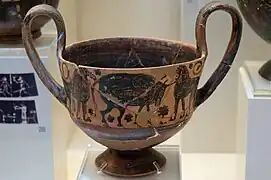 Canthare, coupe à boire à deux anses, production béotienne du VIe&nbsp;siècle&nbsp;av. J.-C. Musée archéologique de Nauplie.
