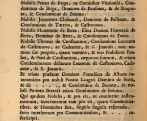 De Boiono. Extrait de la page 502 de l'Istoria della citta di Sospello de Sigismondo Alberti, Turin, 1728.