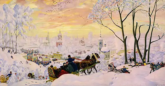 Maslenitsa à la galerie Tretiakov, 1916 /dimensions de cette copie par l'auteur : 62,7&nbsp;×&nbsp;125,2&nbsp;cm.