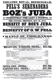 Affiche de spectacle en noir et blanc, comportant en grosses capitales le nom « Boz's Juba » en tête de page.