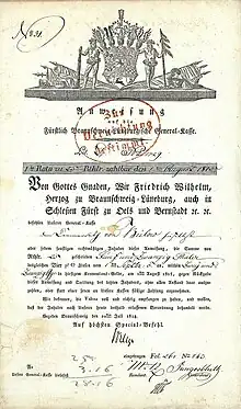Emprunt à 4 % de Frédéric-Guillaume, duc de Brunswick-Lunebourg, de 25 thalers, émis à Brunswick le 20 juillet 1814, encaissable à la Caisse générale du duché de Brunswick-Lunebourg, contracté pour le financement de la guerre de libération contre Napoléon