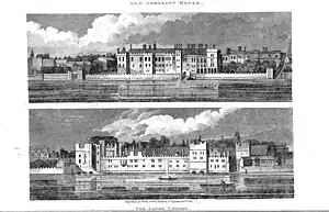 Lithographie en noir et blanc représentant un long bâtiment à plusieurs étages au bord de la Tamise.