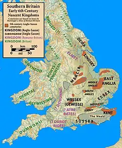 Carte situant les principaux royaumes britanniques, Anglo-Saxons à l'est et Bretons à l'ouest