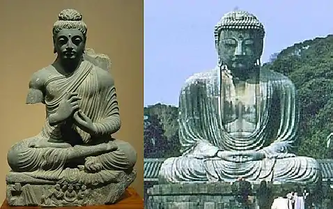Évolution iconographique du Bouddha.A gauche : un bouddha dans lart gréco-bouddhique du Gandhara, IIIe&nbsp;siècle&nbsp;av. J.-C.À droite : un bouddha à Kamakura, Japon (1252).