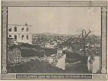 photographie noir et blanc : une ville en ruines et un arbre mort