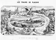 Les trains de plaisir, le touriste en chemin de fer. Gravure du dix-neuvième siècle.
