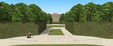 Château d'Issy, restitution de la vue depuis l'allée axée sur le Mont Valérien, état au début XVIIIe&nbsp;siècle.