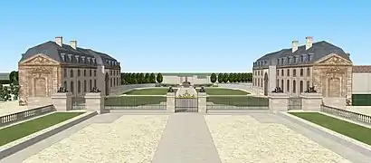 Vue sur la cour d'entrée depuis le premier étage du château. XVIIIe siècle.