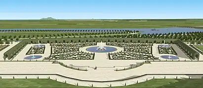 Restitution de la vue sur le parterre du Trianon du château de Saint-Cloud depuis la terrasse, vers 1700.