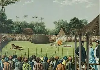 Lithographie en couleur, représentant un tigre dans un carré d'hommes armés de piques. Des spectateurs européens sont présents au premier plan.